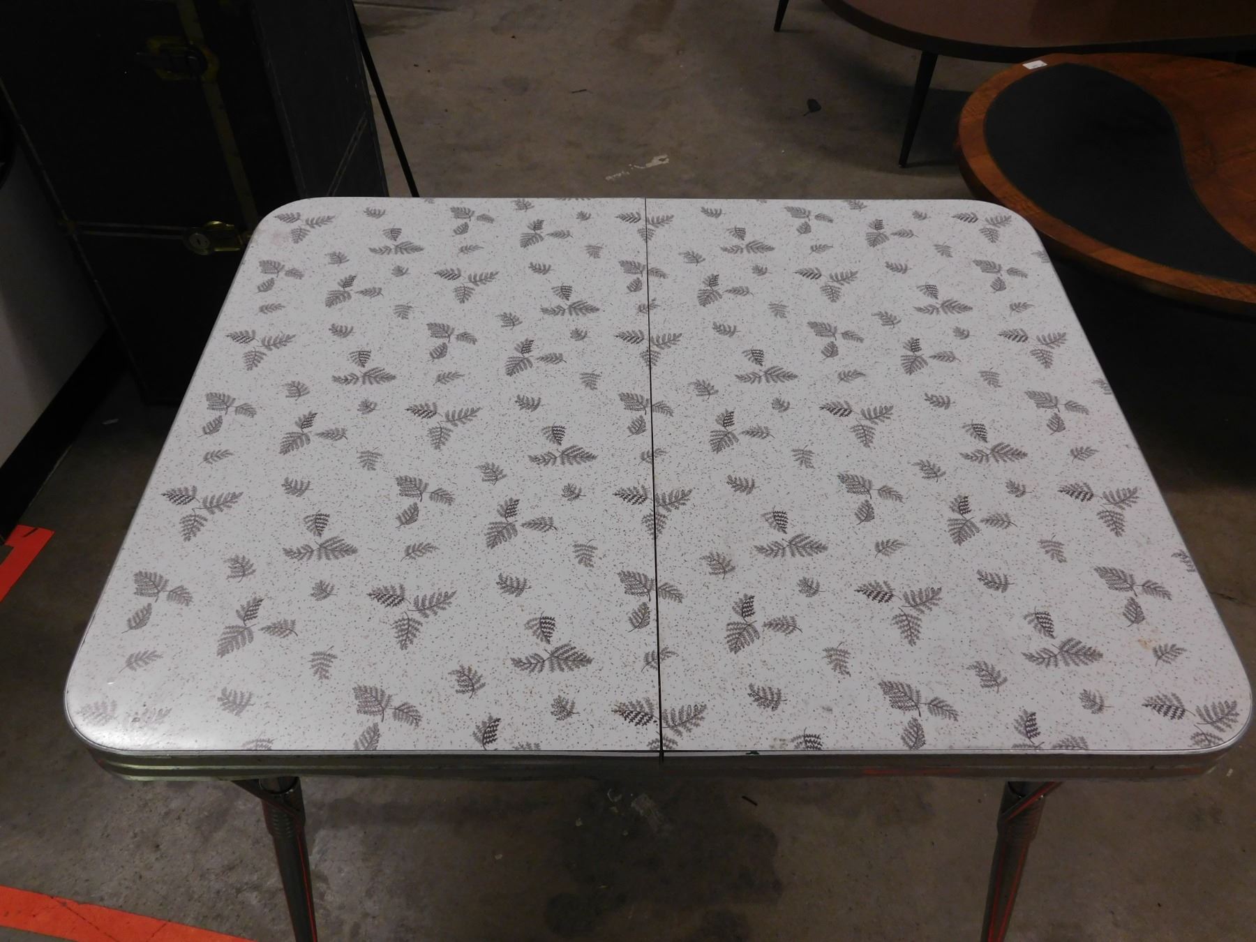 Mid Century Chrome Legged Kitchen Table with Arborite Top, Pull Out Leaf