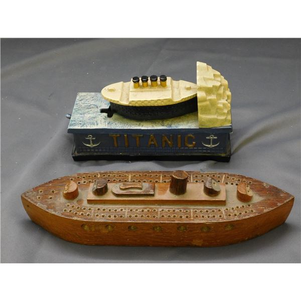 Titanic Cast Iron Bank and Wooden Ship Cribbage Board