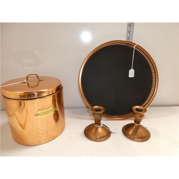 Vintage Copper Cookie Jar, Serving Tray and 2