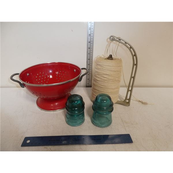 Antique Yarn Holder, Enamel Strainer and 2 Blue