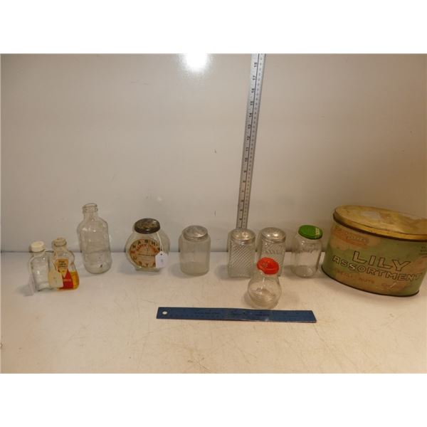 Assortment of Antique Glass Jar, Salt and Pepper