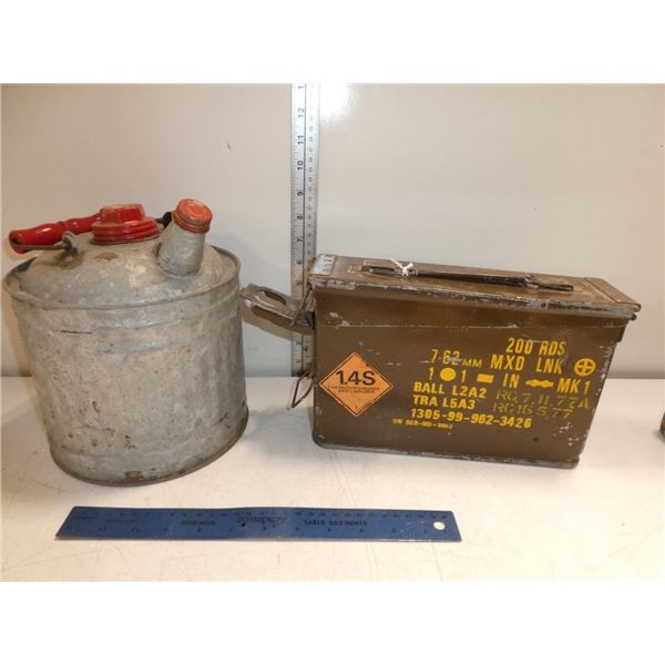 Vintage Galvanized Oil Can and Metal Ammunition