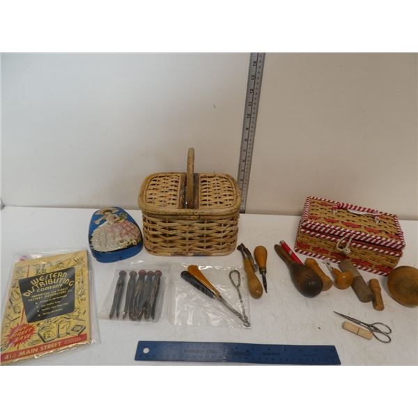 Assorted Sewing Accesories, Basket,