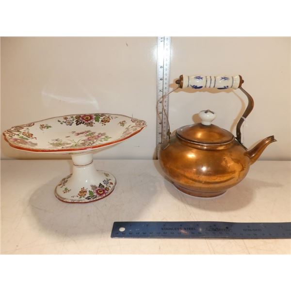 Vintage Copper Water Kettle and Ceramic Footed