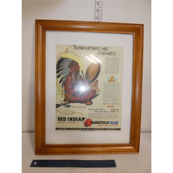 Framed Advertising Page of Red Indian Gasoline