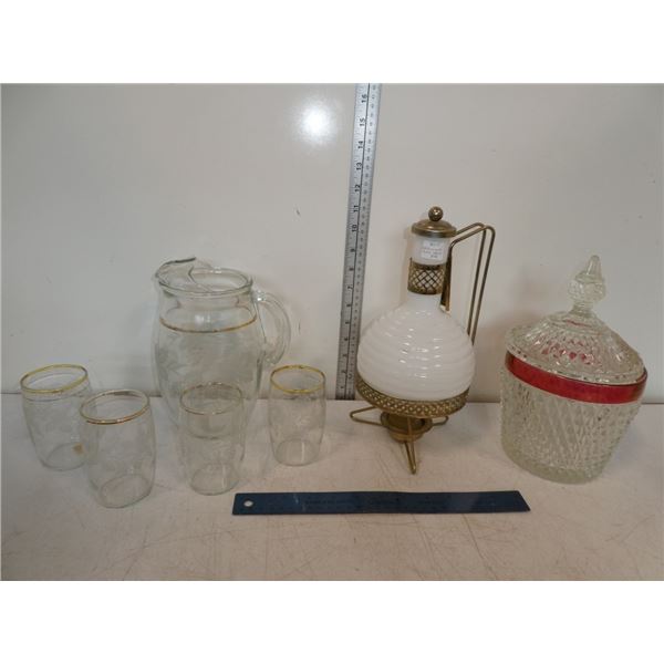 Vintage White Glass Carafe on Brass Stand,