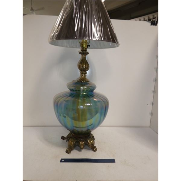 Vintage Blue Iridescent Glass Table Top Lamp