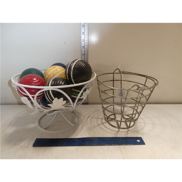 11 Vintage Croquet Ball in White Metal Basket,