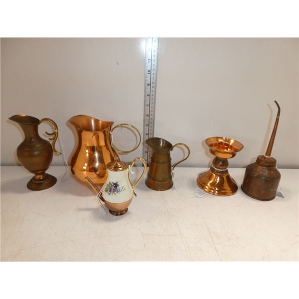 Vintage Copper Jugs, Candle Holder and Oil