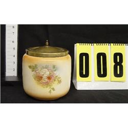 Ginger jar, brass top/lid, painted flowers on side