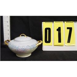 Pale blue/pink/yellow sugar bowl, blue flowers