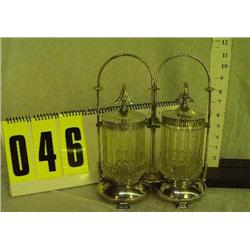 Double pickle jar set, silver & glass