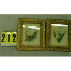2 - Gold framed flowered pictures