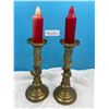 Image 1 : Two 10" Brass Candlesticks w/ Brass Table Crumb Catcher