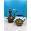 Image 1 : Antique Large Copper Pitcher & Solid Brass Tea Pot/Kettle with wooden handle