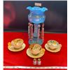 English Hand Painted Blue Glass Fireplace Mantle Luster with Prisms 15H & Tea Cups