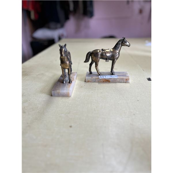 2 Brass Horses 3D 6W 6H On Marble Pedestals One Horse Leg Is Damaged