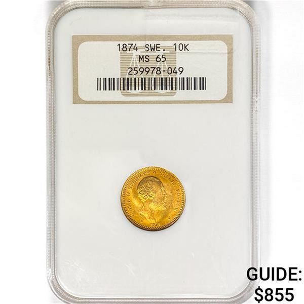 1874 Sweden 10 Kronor .1296oz. Gold NGC MS65