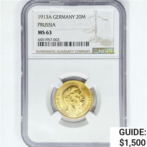1913A Germany .2305oz Gold 20 Marks NGC MS63