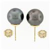 Image 4 : Simple Classic 18k Gold Large 10.75mm Round Gray Tahitian Pearl Stud Earrings