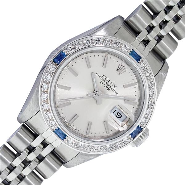 Rolex Stainless Steel Quickset Silver Index Diamond And Sapphire Date Watch 26MM