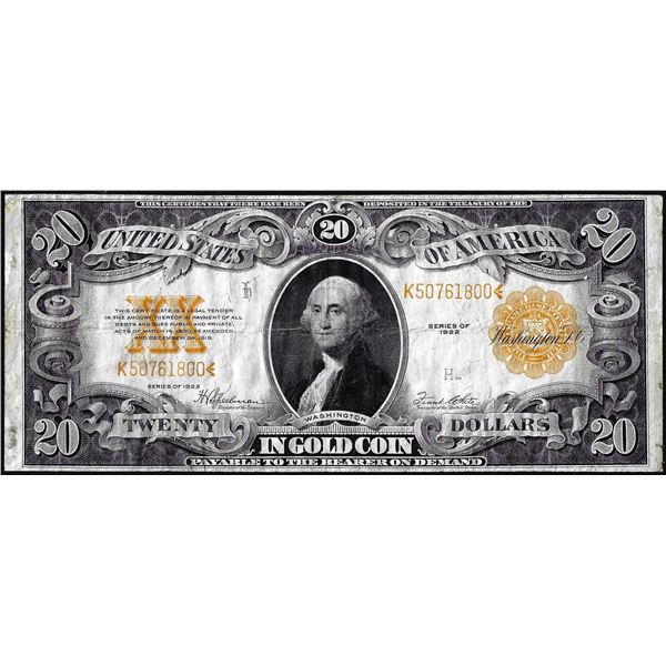 1922 $20 Gold Certificate Note