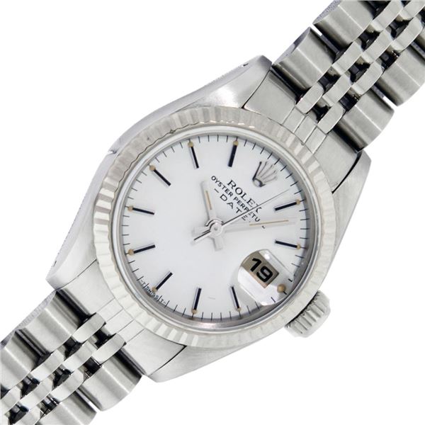 Rolex Ladies Stainless Steel White Oyster Perpetual Date Wristwatch