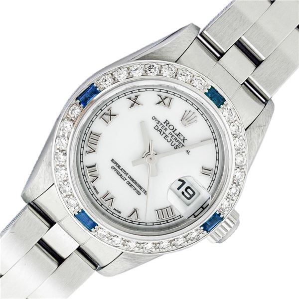 Rolex Ladies Stainless Steel White Roman Sapphire and Diamond Datejust Wristwatch