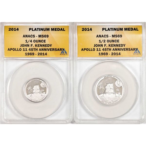 Set of 2014 Proof 1/4 oz & 1/2 oz Platinum JFK Apollo 11 Anniversary Medal ANACS MS69