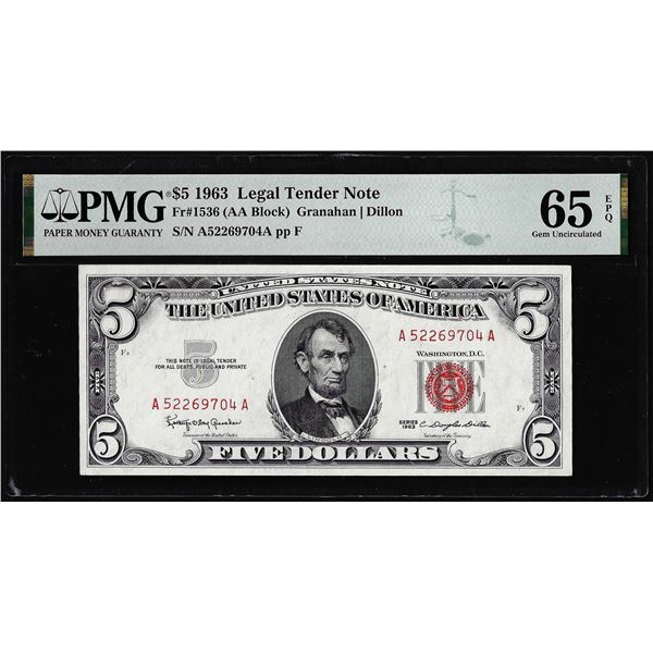 1963 $5 Legal Tender Note Fr.1536 PMG Gem Uncirculated 65EPQ