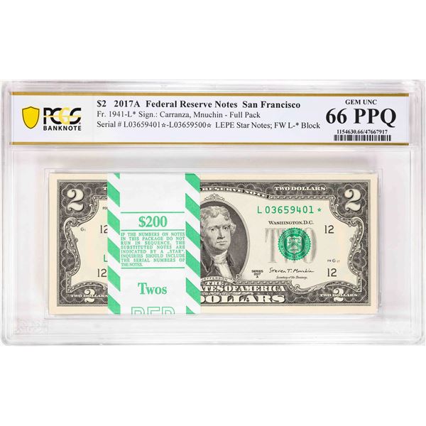 Pack 2017A $2 Federal Reserve STAR Notes SF Fr.1941-L* PCGS Gem Uncirculated 66PPQ
