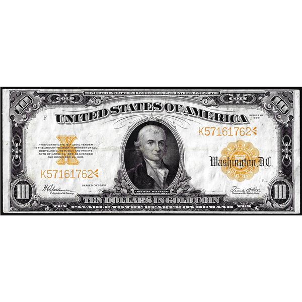 1922 $10 Gold Certificate Note