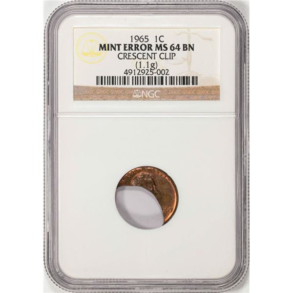 1965 Lincoln Memorial Cent Coin Crescent Clip NGC Mint ERROR MS64BN