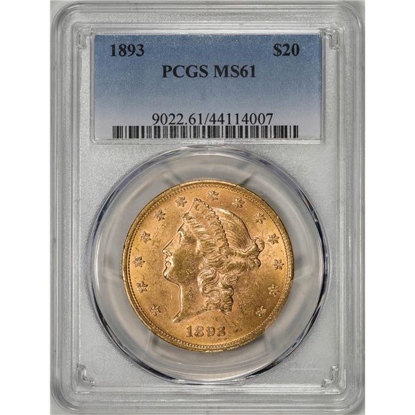 1893 $20 Liberty Head Double Eagle Gold Coin PCGS MS61