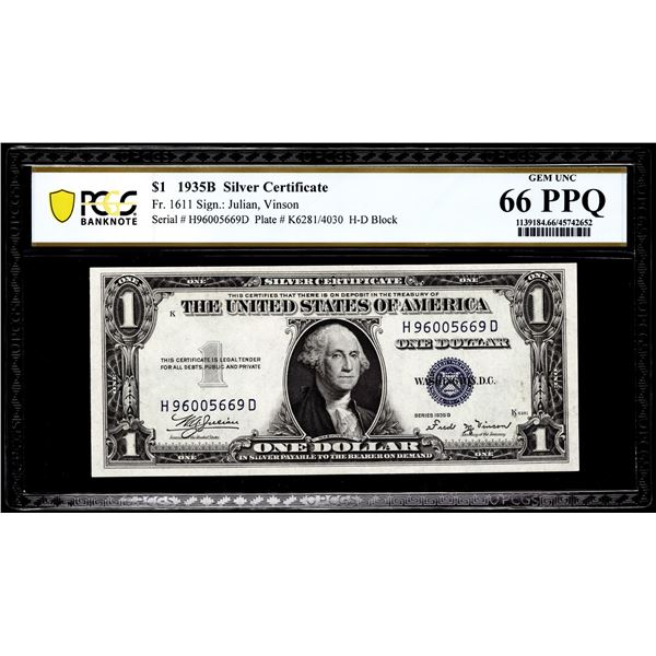 1935B $1 Silver Certificate Note Fr.1611 PCGS Gem Uncirculated 66PPQ