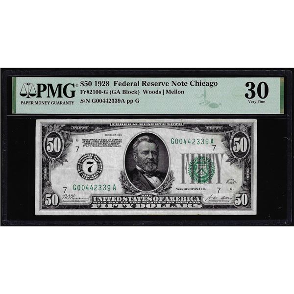 1928 $50 Federal Reserve Note Chicago Fr.2100-G PMG Very Fine 30