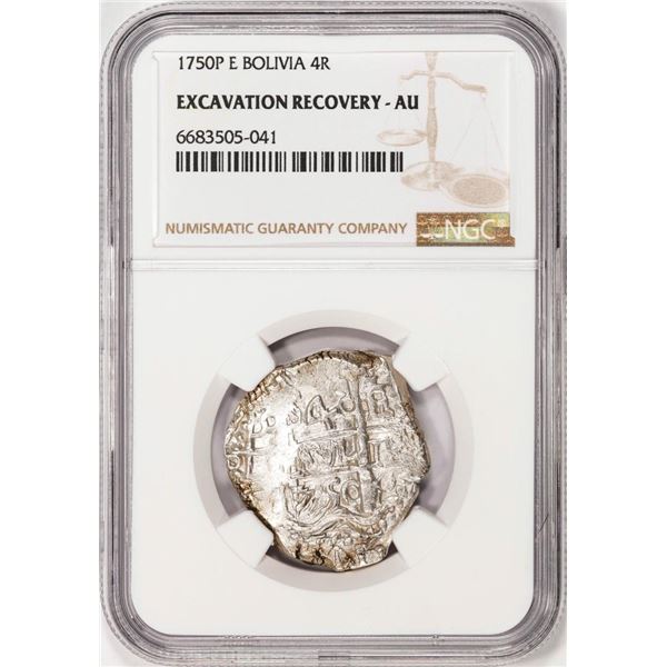 Shipwreck 1750P E Bolivia 4 Reales Silver Coin NGC AU Excavation Recovery