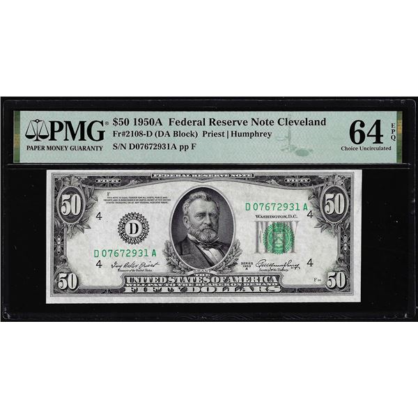 1950A $50 Federal Reserve Note Cleveland Fr.2108-D PMG Choice Uncirculated 64EPQ