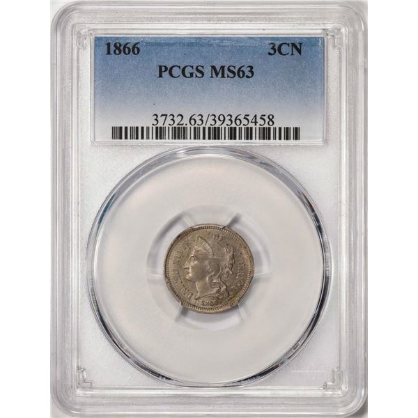 1866 Three Cent Nickel Coin PCGS MS63