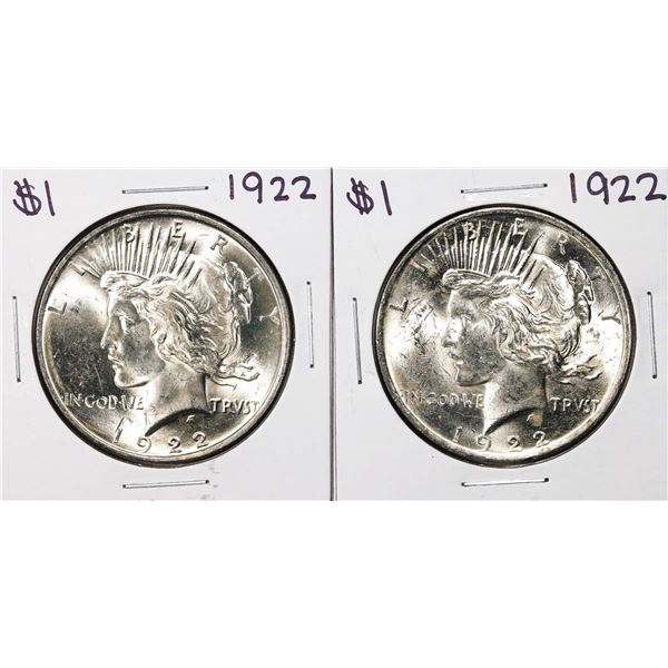 Lot of (2) 1922 $1 Peace Silver Dollar Coins