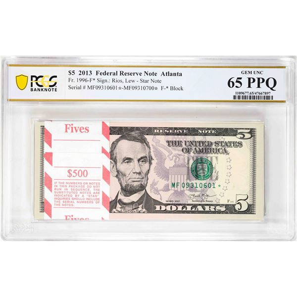 Pack 2017A $5 Federal Reserve STAR Notes ATL Fr.1998-F* PCGS Gem Uncirculated 65PPQ