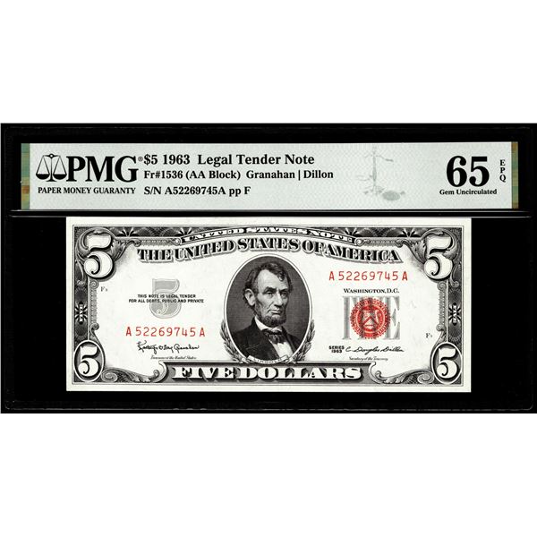 1963 $5 Legal Tender Note Fr.1536 PMG Gem Uncirculated 65EPQ