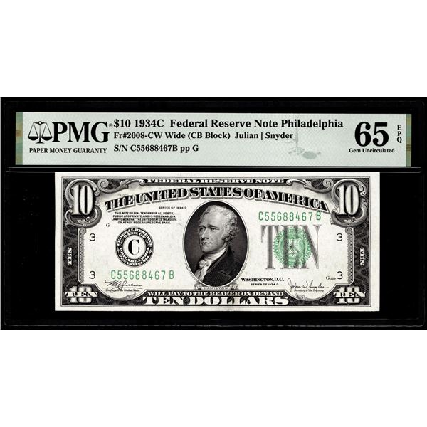 1934C $10 Federal Reserve Note Philadelphia Fr.2008-CW PMG Gem Uncirculated 65EPQ