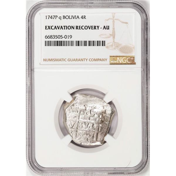 Shipwreck 1747P q Bolivia 4 Reales Silver Coin NGC AU Excavation Recovery