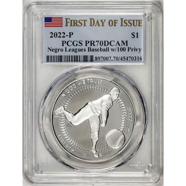 2022-P $1 Proof Negro Leagues Baseball Silver Dollar Coin PCGS PR70DCAM FDOI