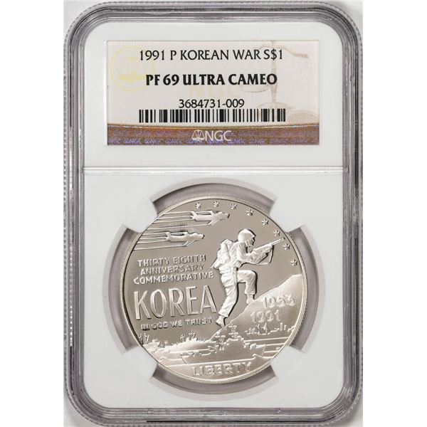 1991-P $1 Proof Korean War Commemorative Silver Dollar Coin NGC PF69 Ultra Cameo