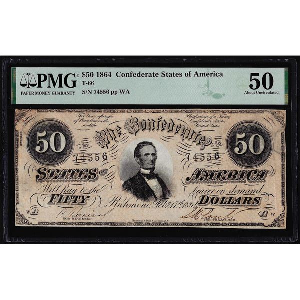 1864 $50 Confederate States of America Note T-66 PMG About Uncirculated 50