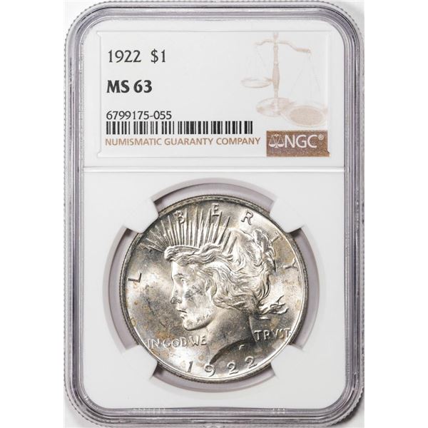 1922 $1 Peace Silver Dollar Coin NGC MS63