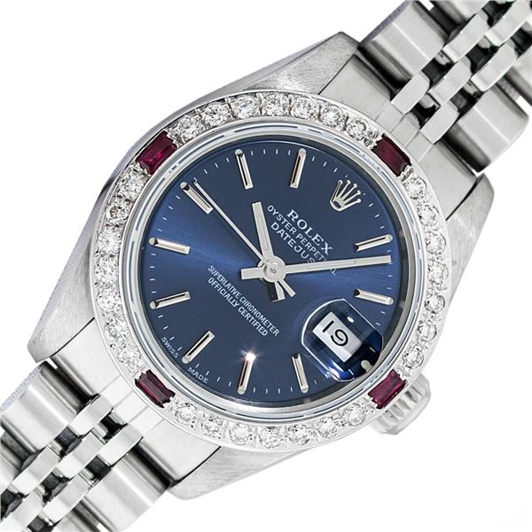 Rolex Ladies Stainless Steel Blue Index Ruby and Diamond Datejust Wristwatch