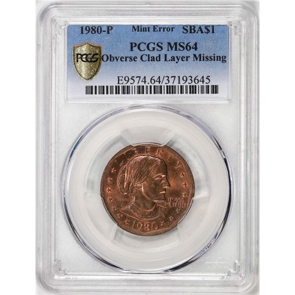 1980-P $1 Susan B. Anthony Dollar Coin ERROR Obverse Clad Layer Missing PCGS MS64